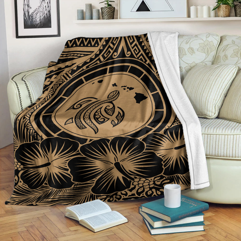 Hawaii Premium Blanket Map Honu Hibiscus Polynesian Gold-Myprintsy