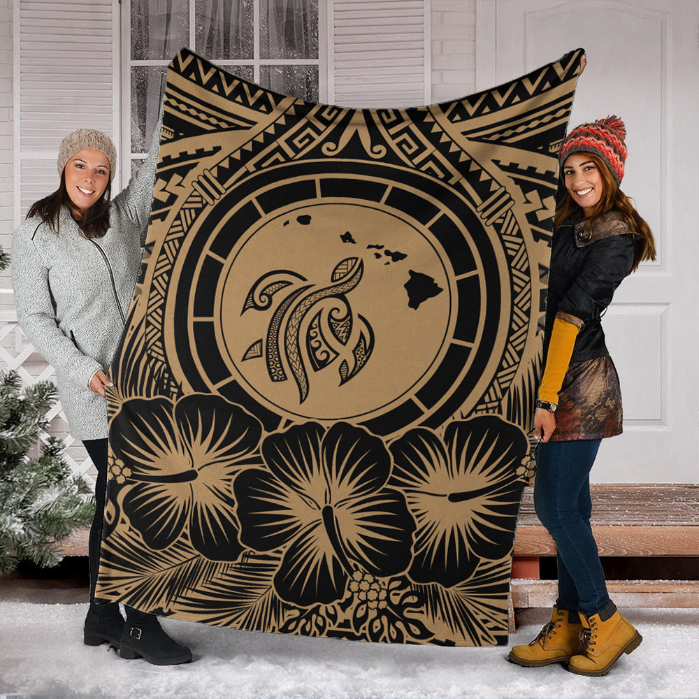 Hawaii Premium Blanket Map Honu Hibiscus Polynesian Gold-Myprintsy