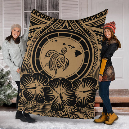Hawaii Premium Blanket Map Honu Hibiscus Polynesian Gold-Myprintsy