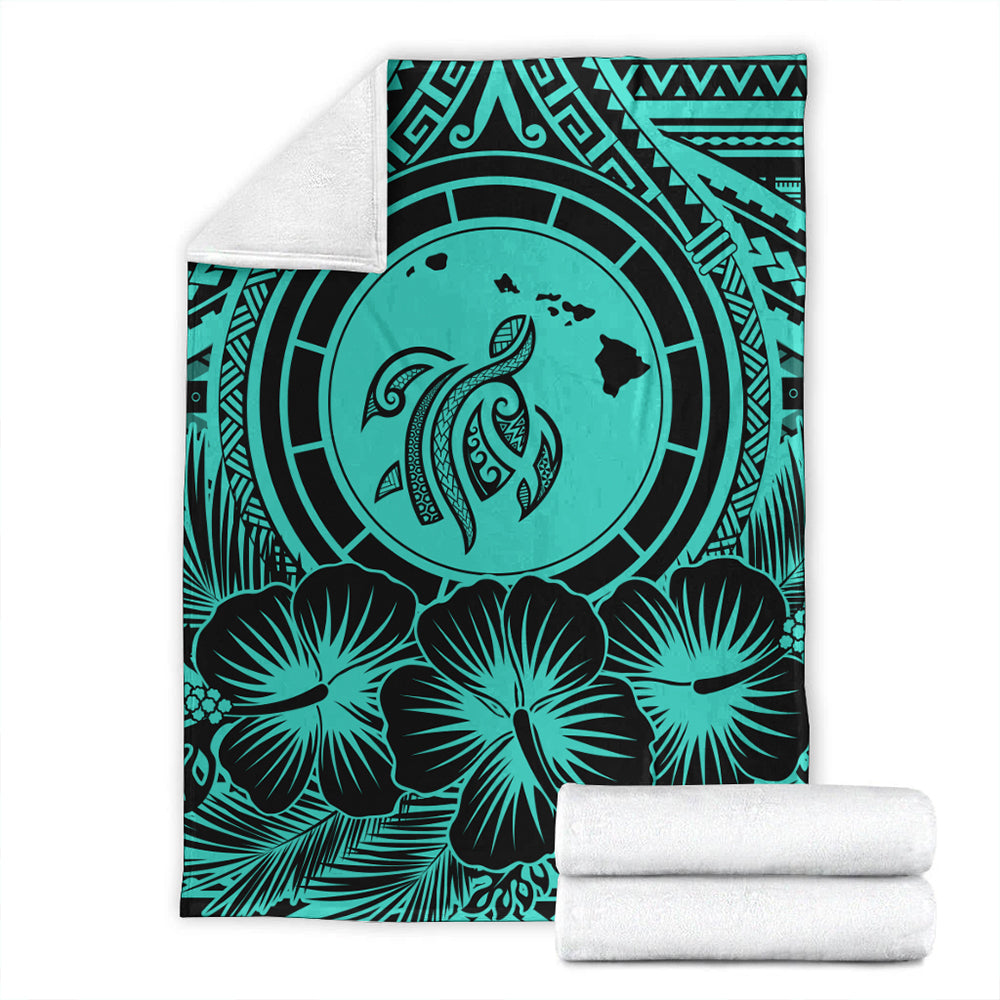 Hawaii Premium Blanket Map Honu Hibiscus Polynesian Turquoise-Myprintsy