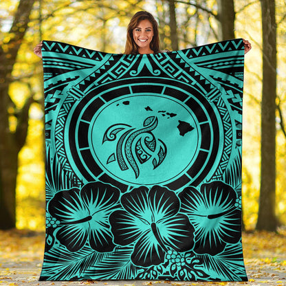 Hawaii Premium Blanket Map Honu Hibiscus Polynesian Turquoise-Myprintsy
