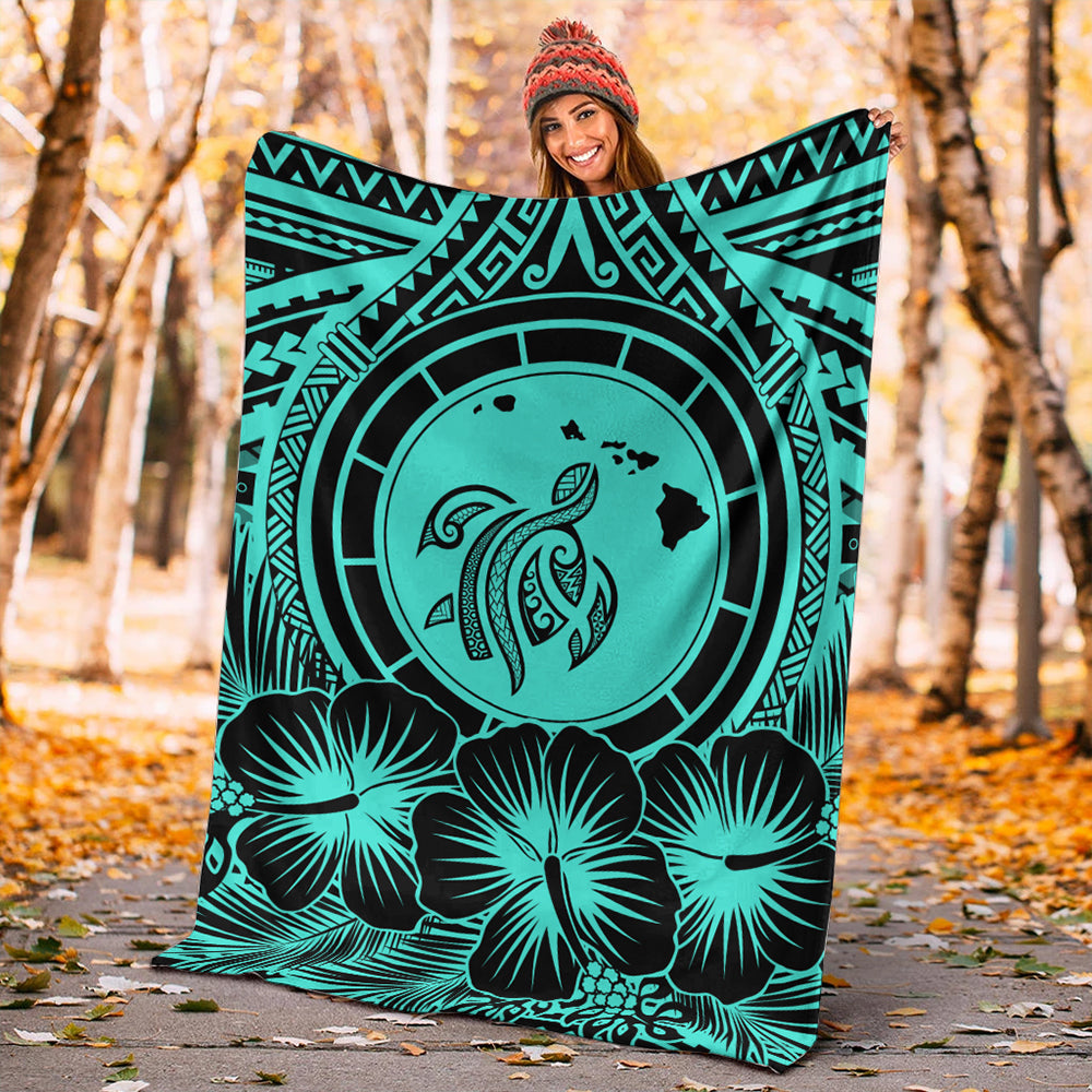 Hawaii Premium Blanket Map Honu Hibiscus Polynesian Turquoise-Myprintsy