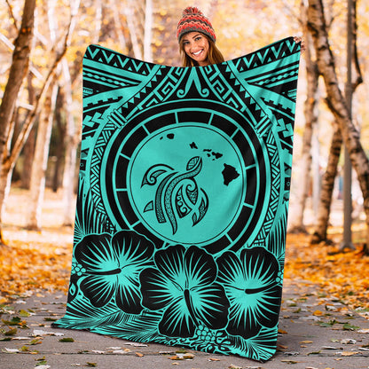 Hawaii Premium Blanket Map Honu Hibiscus Polynesian Turquoise-Myprintsy