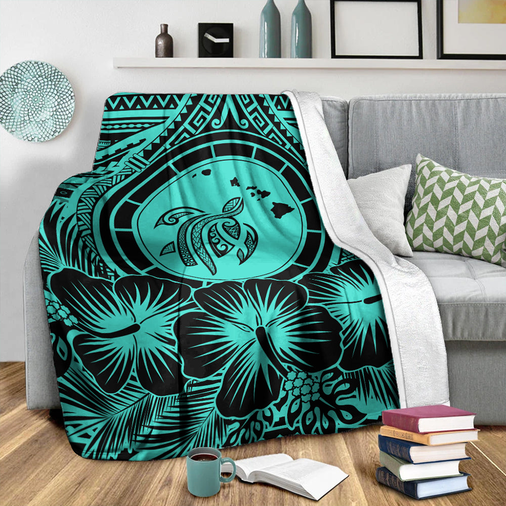 Hawaii Premium Blanket Map Honu Hibiscus Polynesian Turquoise-Myprintsy