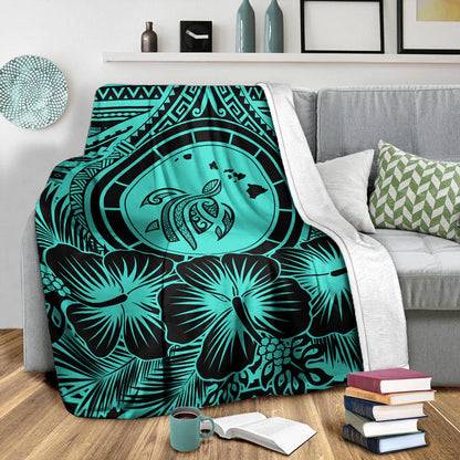 Hawaii Premium Blanket Map Honu Hibiscus Polynesian Turquoise-Myprintsy