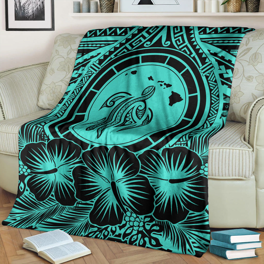 Hawaii Premium Blanket Map Honu Hibiscus Polynesian Turquoise-Myprintsy