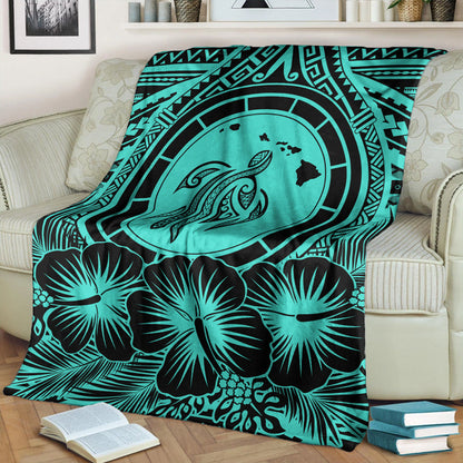 Hawaii Premium Blanket Map Honu Hibiscus Polynesian Turquoise-Myprintsy