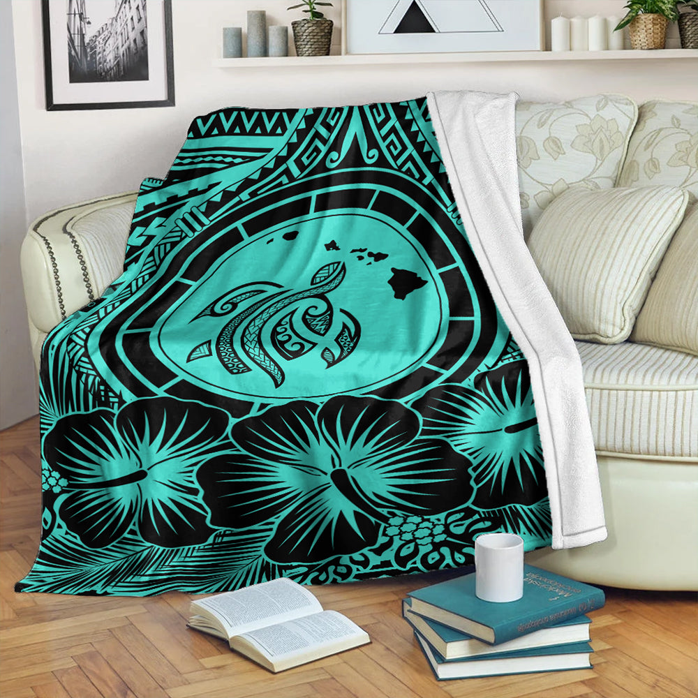 Hawaii Premium Blanket Map Honu Hibiscus Polynesian Turquoise-Myprintsy
