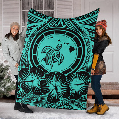 Hawaii Premium Blanket Map Honu Hibiscus Polynesian Turquoise-Myprintsy