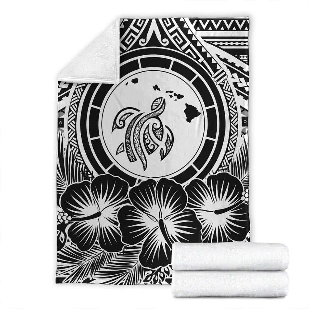 Hawaii Premium Blanket Map Honu Hibiscus Polynesian White-Myprintsy