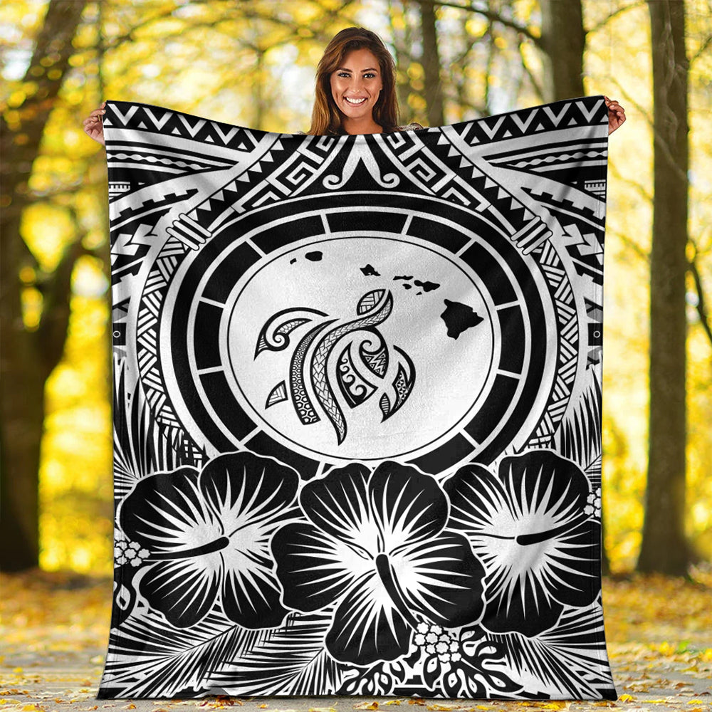 Hawaii Premium Blanket Map Honu Hibiscus Polynesian White-Myprintsy