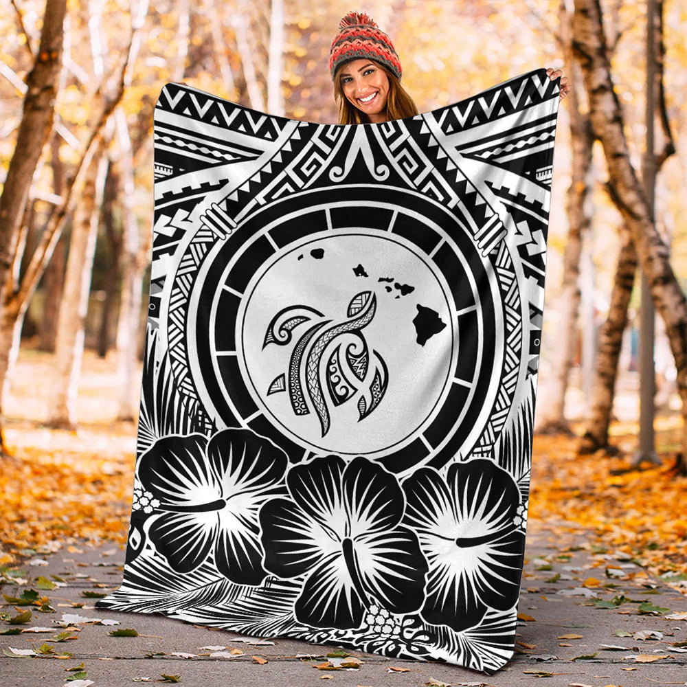 Hawaii Premium Blanket Map Honu Hibiscus Polynesian White-Myprintsy