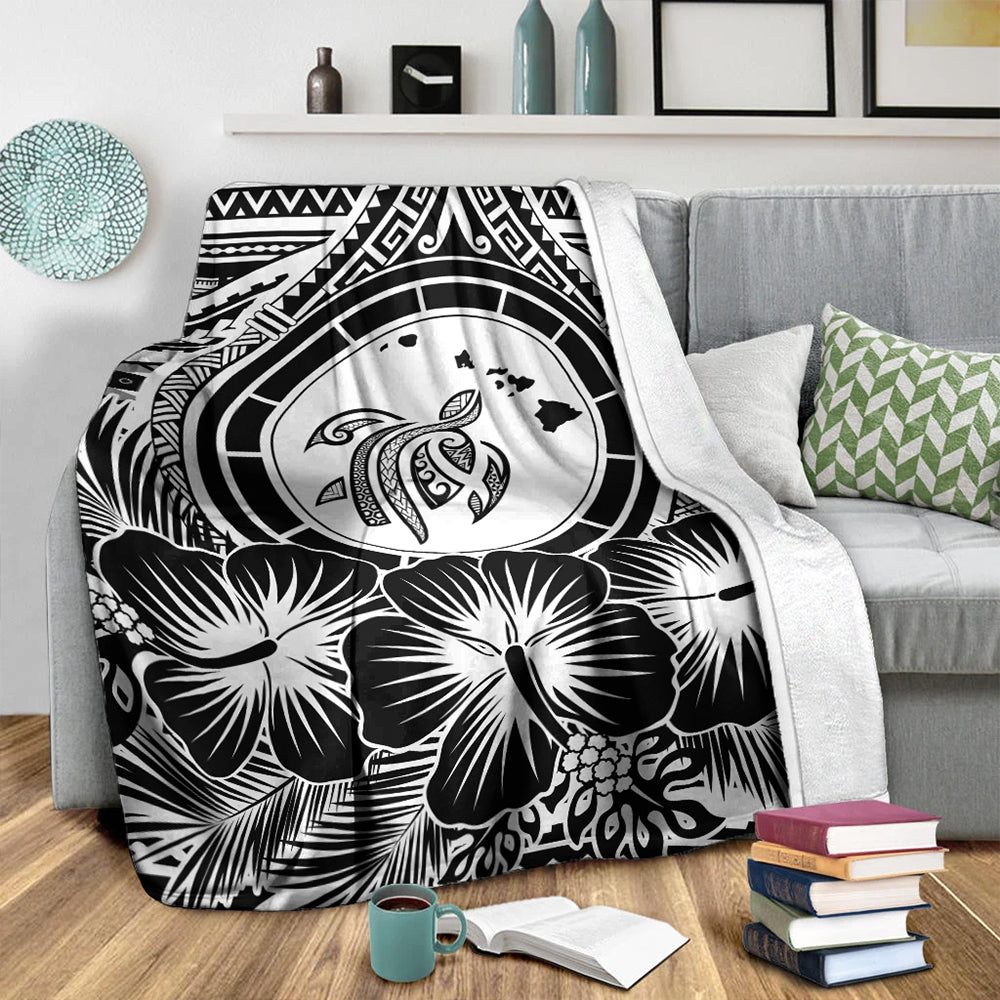 Hawaii Premium Blanket Map Honu Hibiscus Polynesian White-Myprintsy