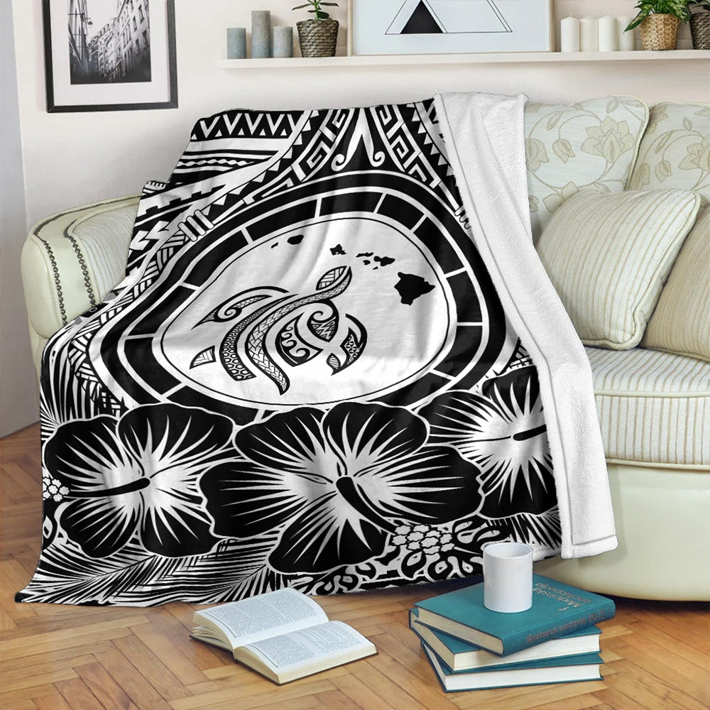 Hawaii Premium Blanket Map Honu Hibiscus Polynesian White-Myprintsy