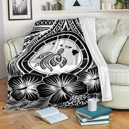 Hawaii Premium Blanket Map Honu Hibiscus Polynesian White-Myprintsy