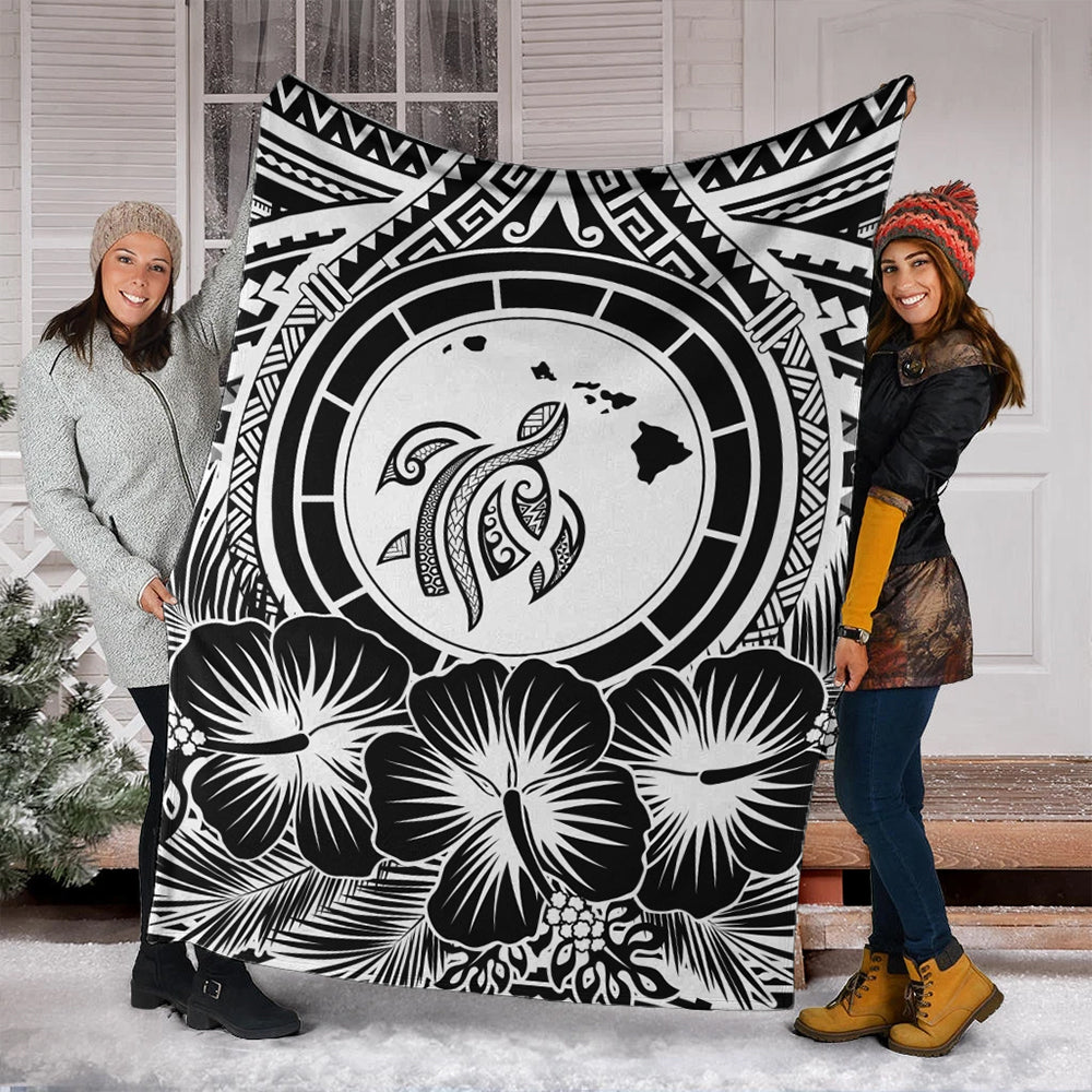 Hawaii Premium Blanket Map Honu Hibiscus Polynesian White-Myprintsy