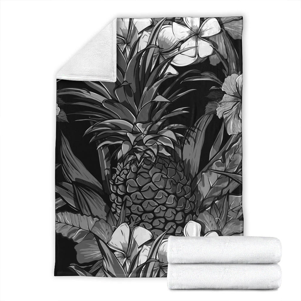 Hawaii Premium Blanket Pineapple Hibiscus Black And White-Myprintsy