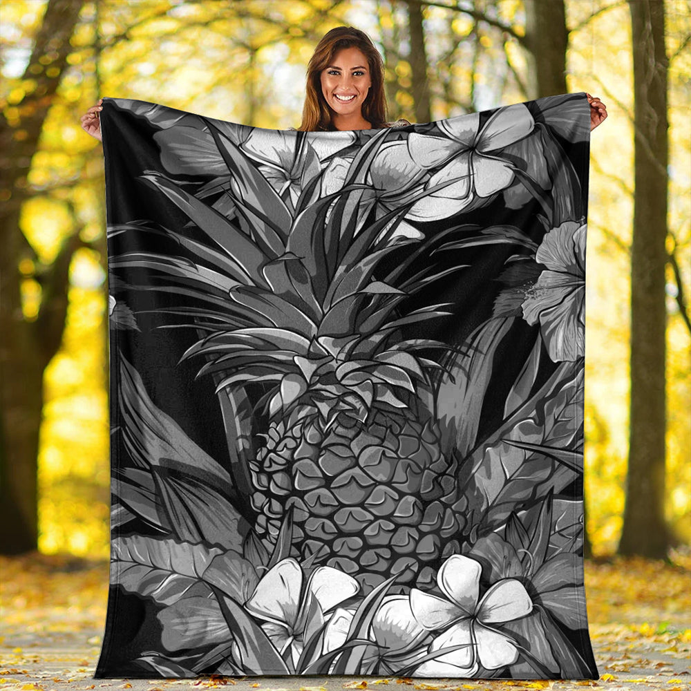 Hawaii Premium Blanket Pineapple Hibiscus Black And White-Myprintsy