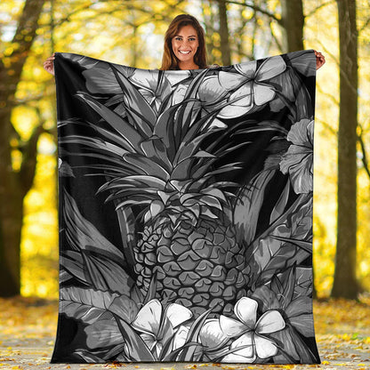 Hawaii Premium Blanket Pineapple Hibiscus Black And White-Myprintsy