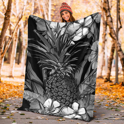 Hawaii Premium Blanket Pineapple Hibiscus Black And White-Myprintsy
