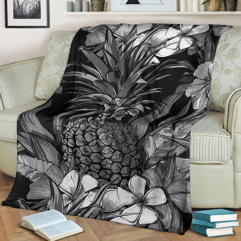 Hawaii Premium Blanket Pineapple Hibiscus Black And White-Myprintsy