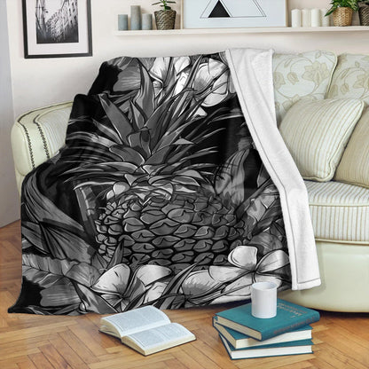 Hawaii Premium Blanket Pineapple Hibiscus Black And White-Myprintsy
