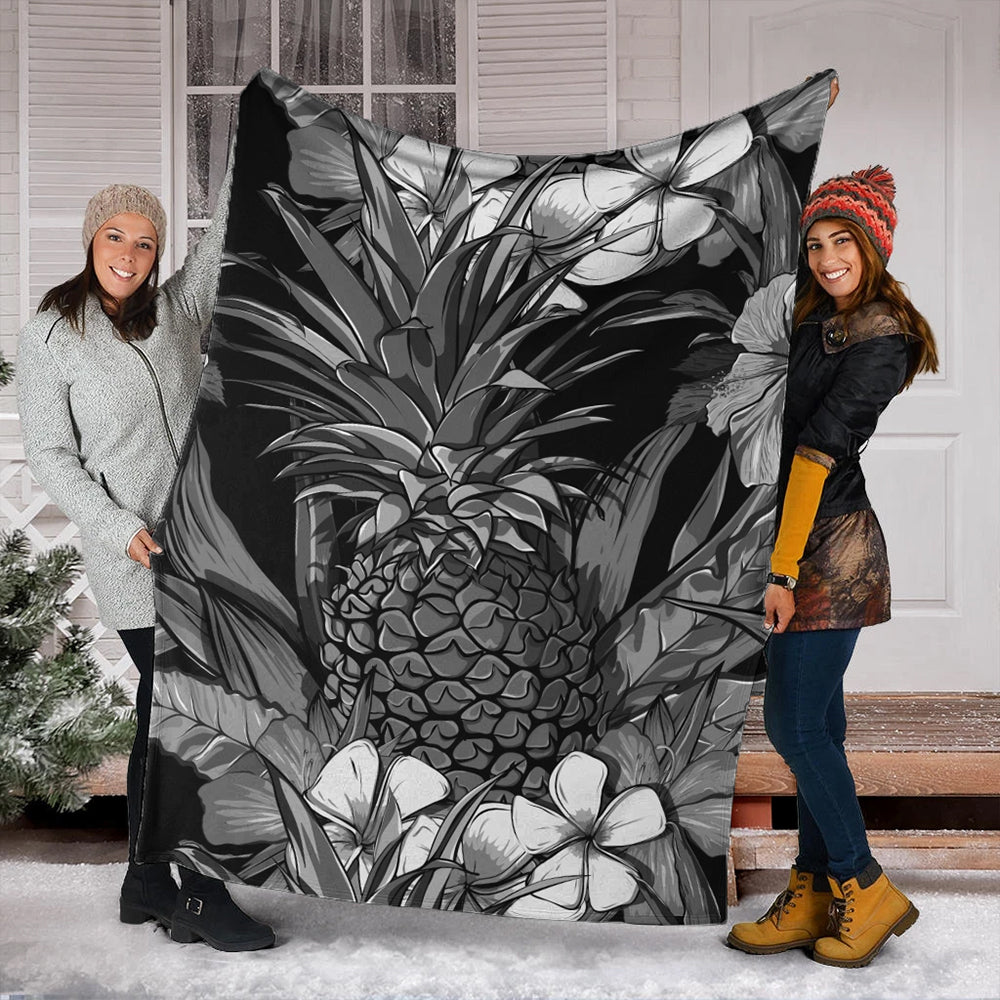 Hawaii Premium Blanket Pineapple Hibiscus Black And White-Myprintsy