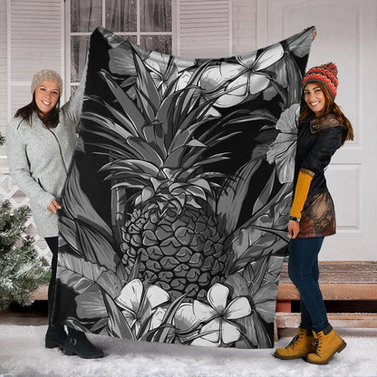 Hawaii Premium Blanket Pineapple Hibiscus Black And White-Myprintsy
