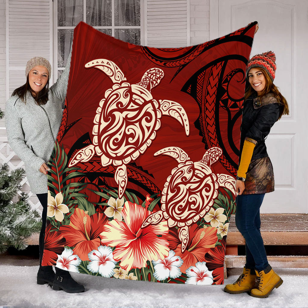 Hawaii Premium Blanket Polynesia Turtle Drawing Tropical Flower-Myprintsy