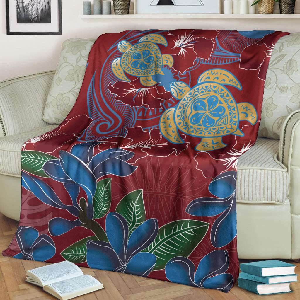 Hawaii Premium Blanket Polynesian Cultures Turtle Couple Tropical Flowers Red Color-Myprintsy