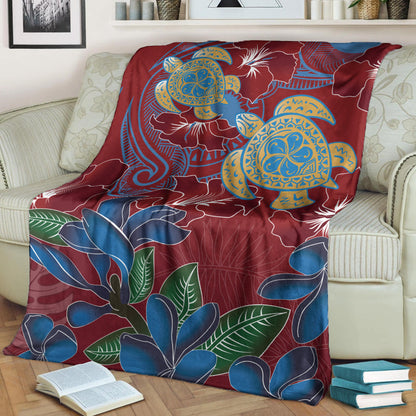 Hawaii Premium Blanket Polynesian Cultures Turtle Couple Tropical Flowers Red Color-Myprintsy