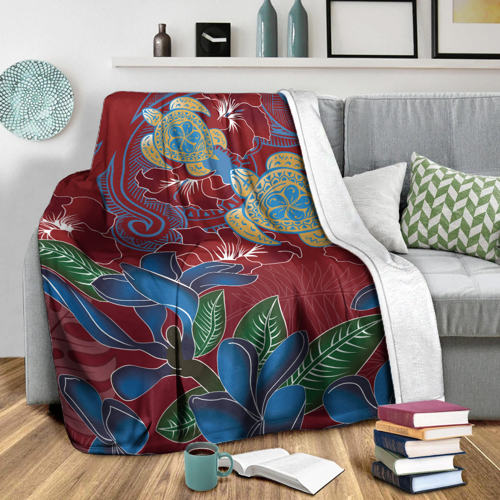 Hawaii Premium Blanket Polynesian Cultures Turtle Couple Tropical Flowers Red Color-Myprintsy