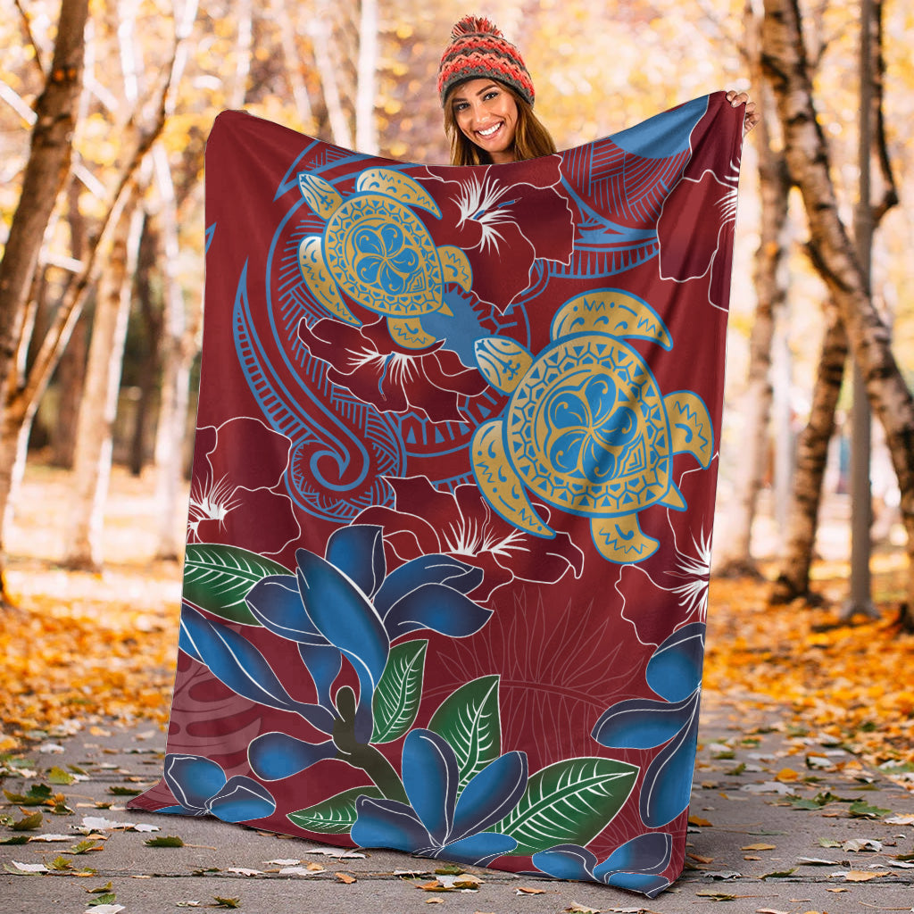 Hawaii Premium Blanket Polynesian Cultures Turtle Couple Tropical Flowers Red Color-Myprintsy