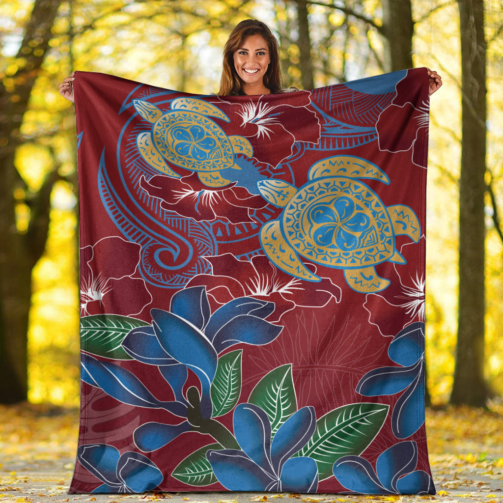 Hawaii Premium Blanket Polynesian Cultures Turtle Couple Tropical Flowers Red Color-Myprintsy