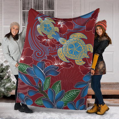 Hawaii Premium Blanket Polynesian Cultures Turtle Couple Tropical Flowers Red Color-Myprintsy