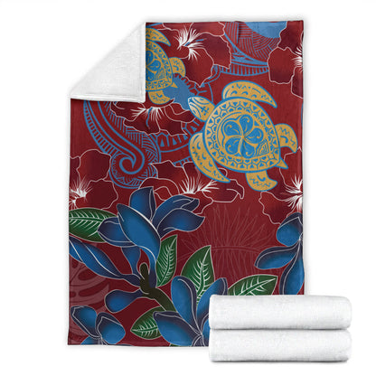 Hawaii Premium Blanket Polynesian Cultures Turtle Couple Tropical Flowers Red Color-Myprintsy