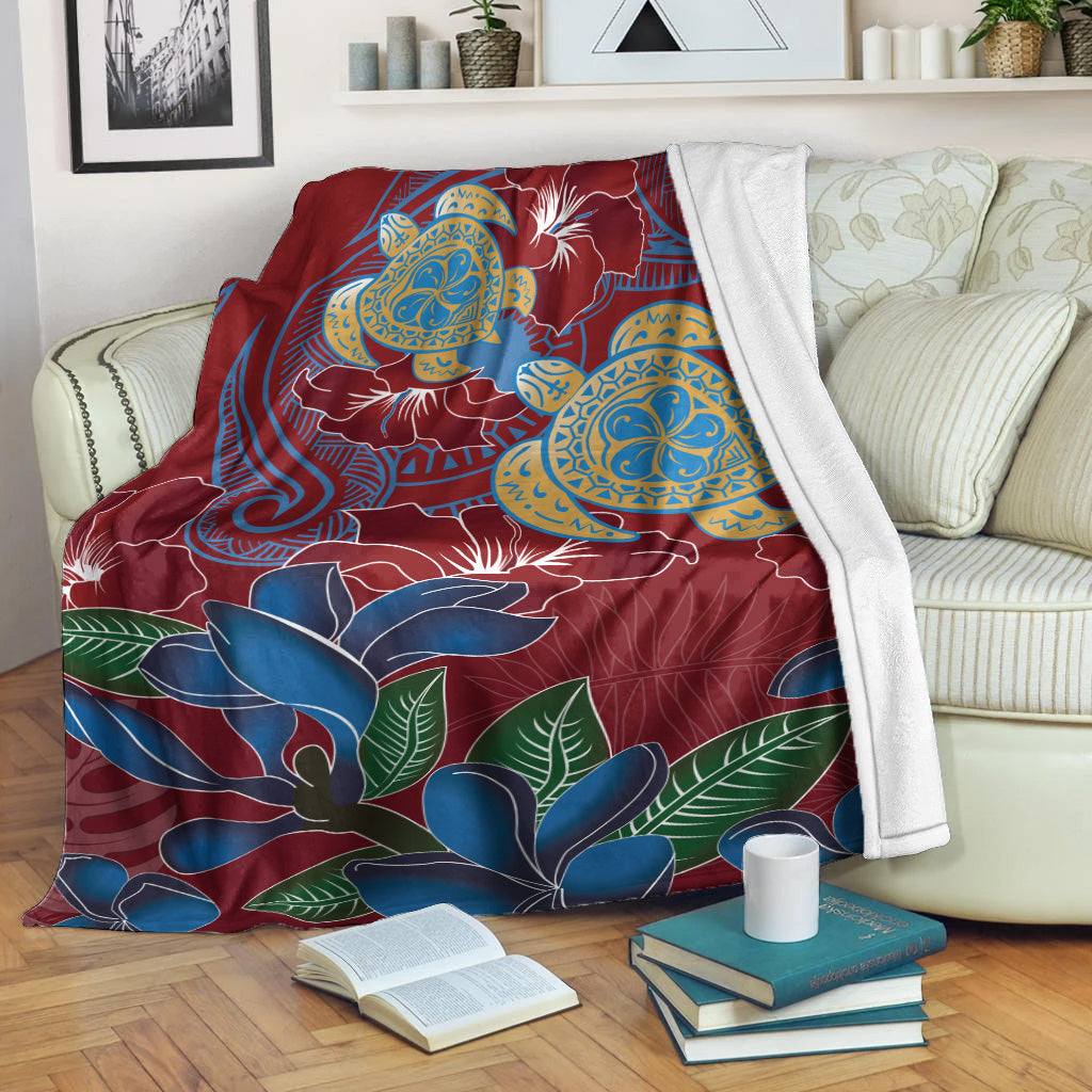 Hawaii Premium Blanket Polynesian Cultures Turtle Couple Tropical Flowers Red Color-Myprintsy