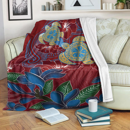 Hawaii Premium Blanket Polynesian Cultures Turtle Couple Tropical Flowers Red Color-Myprintsy
