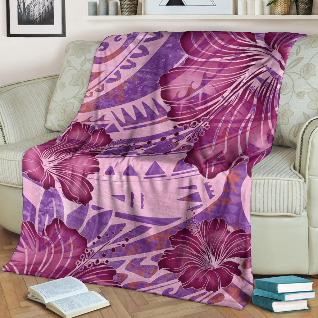 Hawaii Premium Blanket Polynesian Motif Purple Hibiscus-Myprintsy