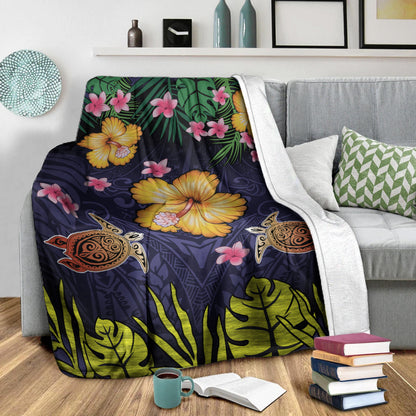 Hawaii Premium Blanket Polynesian Patterns Turtle Couple Hibiscus Plumeria Flowers-Myprintsy