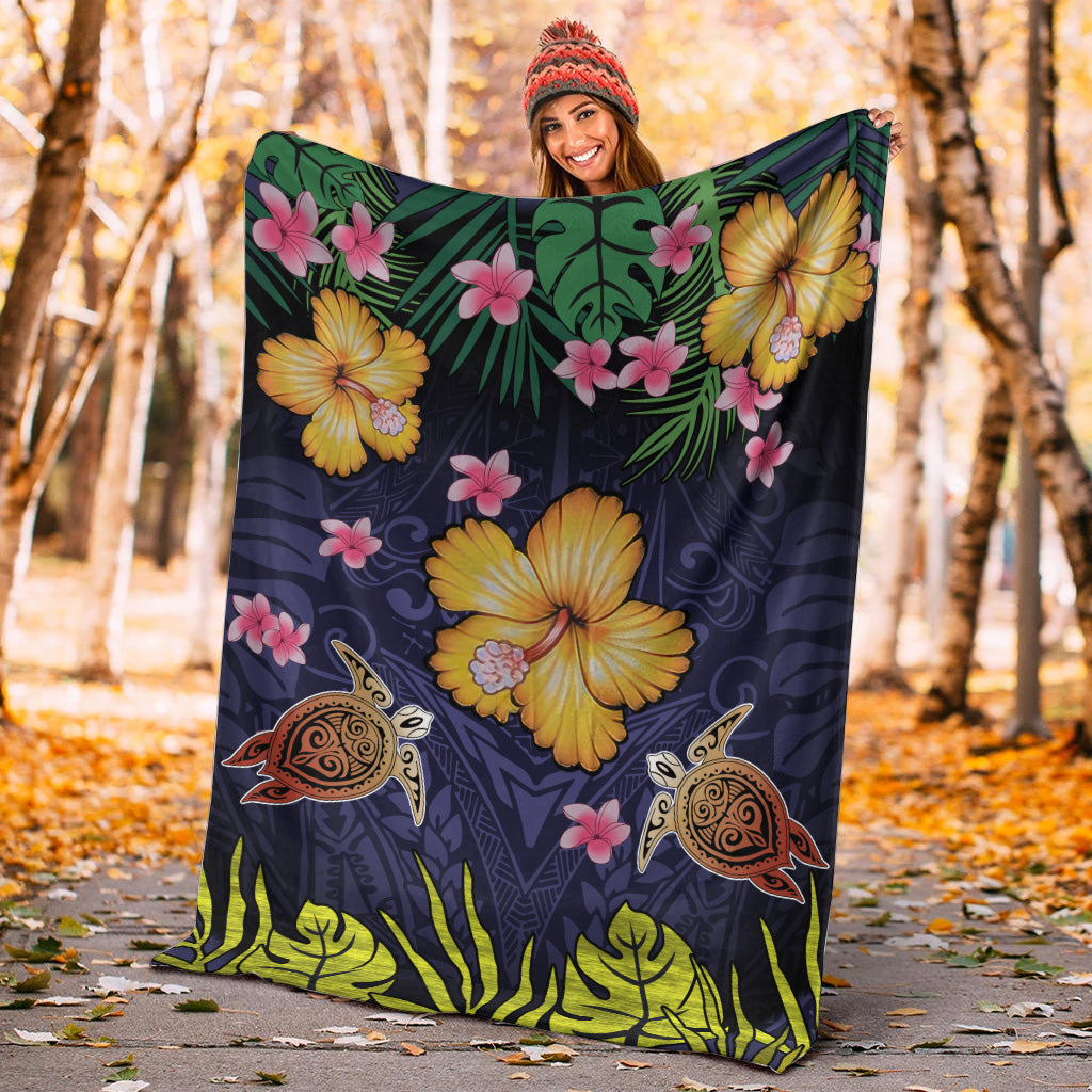 Hawaii Premium Blanket Polynesian Patterns Turtle Couple Hibiscus Plumeria Flowers-Myprintsy