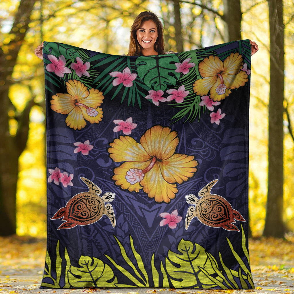 Hawaii Premium Blanket Polynesian Patterns Turtle Couple Hibiscus Plumeria Flowers-Myprintsy