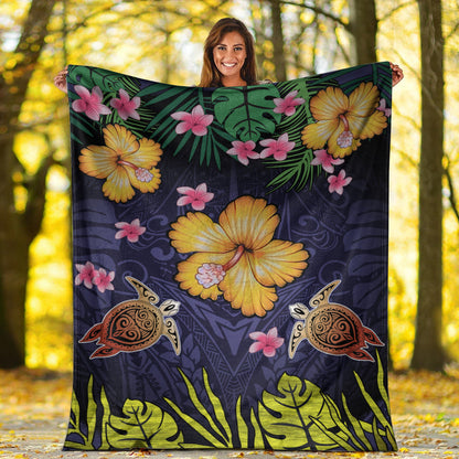 Hawaii Premium Blanket Polynesian Patterns Turtle Couple Hibiscus Plumeria Flowers-Myprintsy