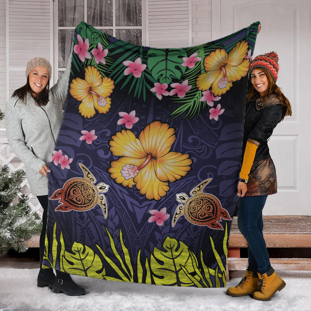 Hawaii Premium Blanket Polynesian Patterns Turtle Couple Hibiscus Plumeria Flowers-Myprintsy