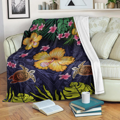 Hawaii Premium Blanket Polynesian Patterns Turtle Couple Hibiscus Plumeria Flowers-Myprintsy