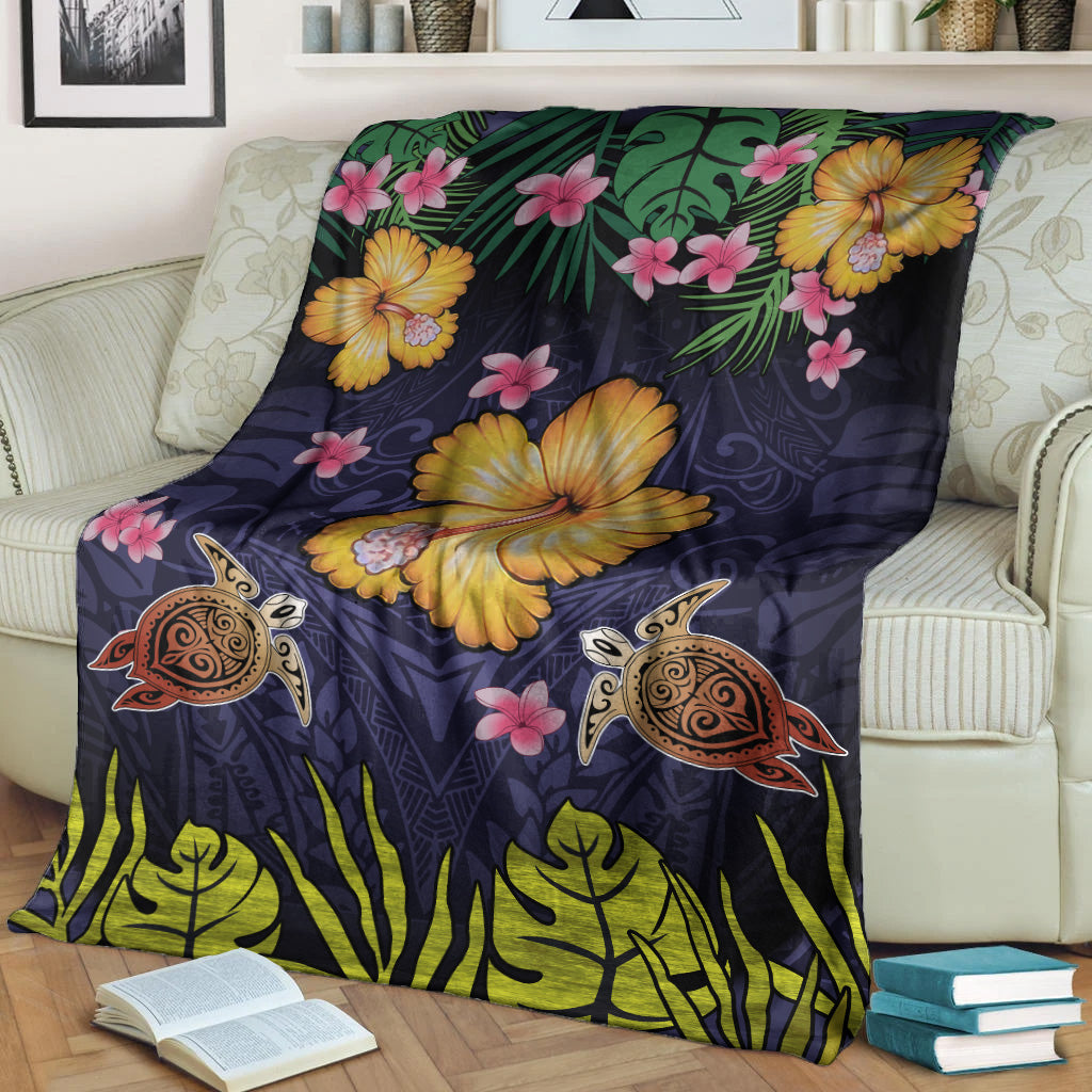 Hawaii Premium Blanket Polynesian Patterns Turtle Couple Hibiscus Plumeria Flowers-Myprintsy