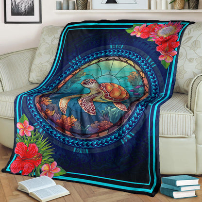 Hawaii Premium Blanket Polynesian Patterns Turtle Mascot WaterColor Style-Myprintsy
