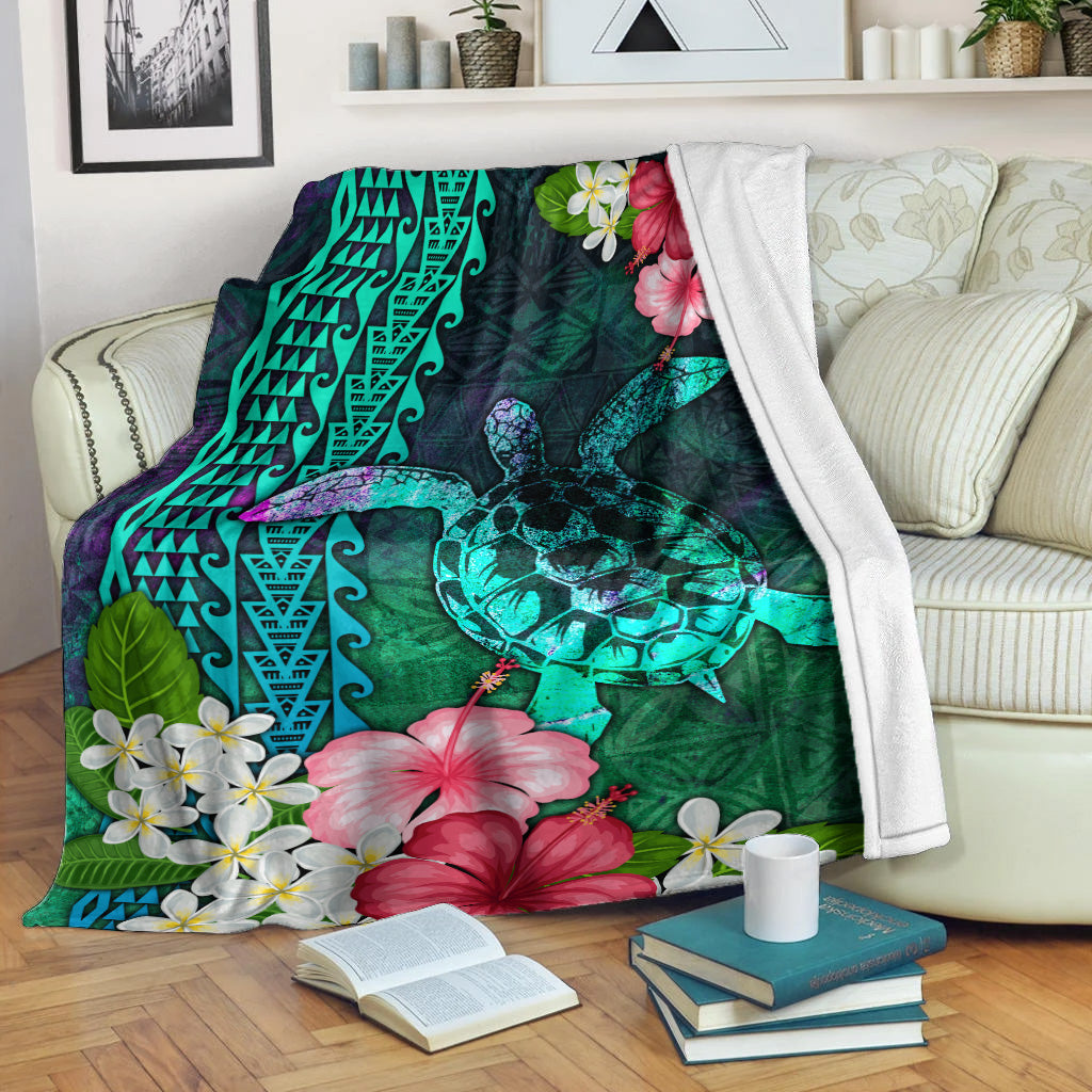 Hawaii Premium Blanket Sea Turtle Abstract Background With Tropical Flowers Hibiscus And Plumeria-Myprintsy