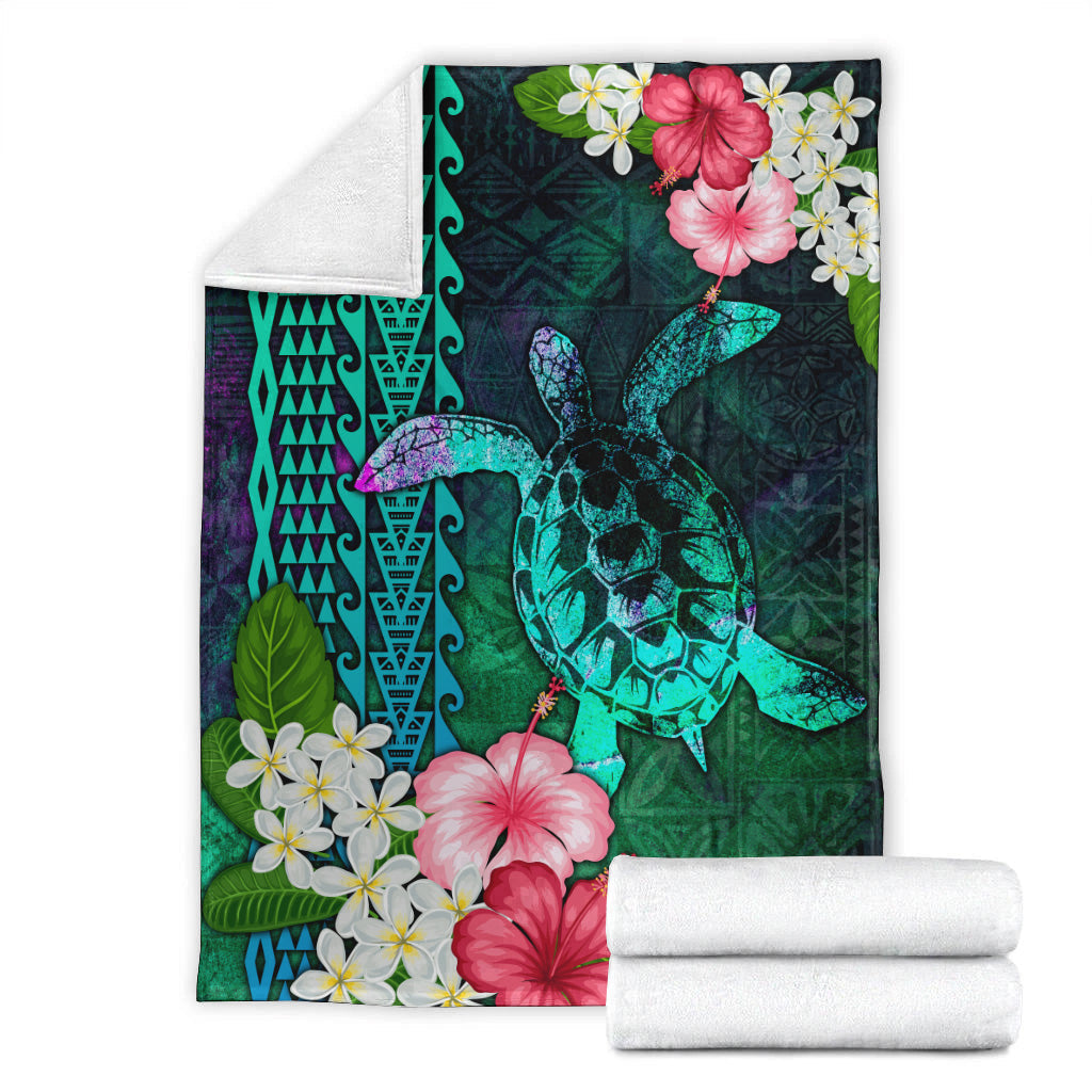 Hawaii Premium Blanket Sea Turtle Abstract Background With Tropical Flowers Hibiscus And Plumeria-Myprintsy