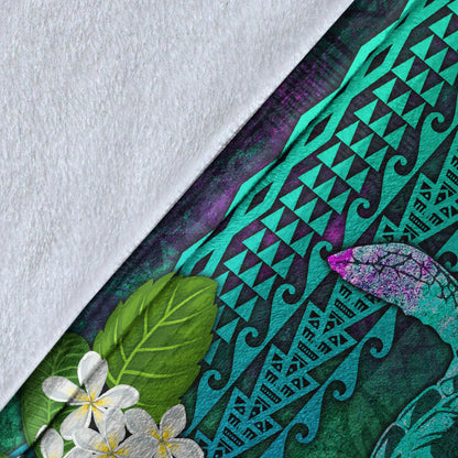 Hawaii Premium Blanket Sea Turtle Abstract Background With Tropical Flowers Hibiscus And Plumeria-Myprintsy